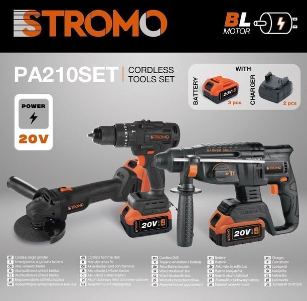 Набір акумуляторного інструменту Stromo PA210SET (болгарка, перфоратор, шуруповерт, 3 АКБ, 2 ЗП) 300210 фото