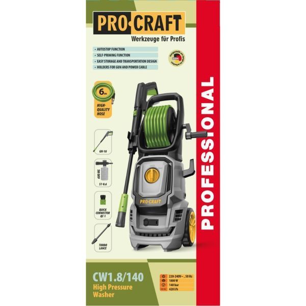 Мийка високого тиску Procraft CW1.8/140 1800Вт, 140 бар, піногенератор, турбо насадка 018140 фото