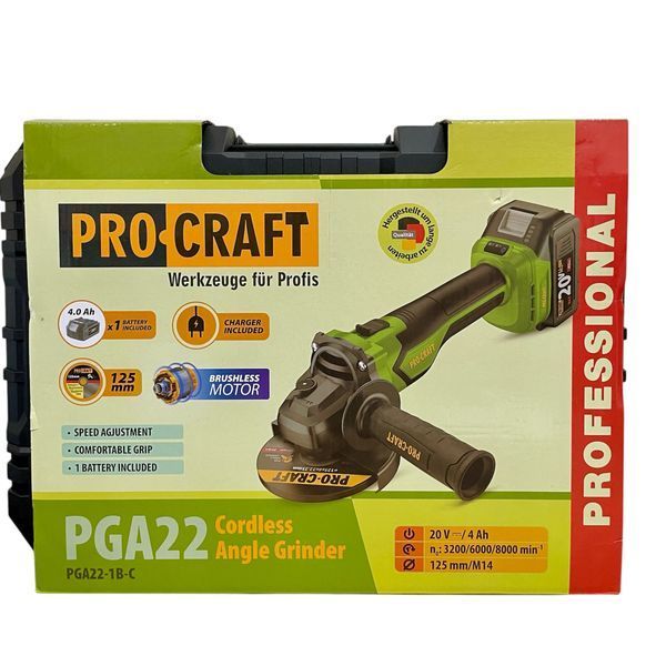 Аккумуляторная болгарка PROCRAFT PGA-22 Universal, 125 круг  1 АКБ 4 а.ч., зарядное, кейс 030274 фото