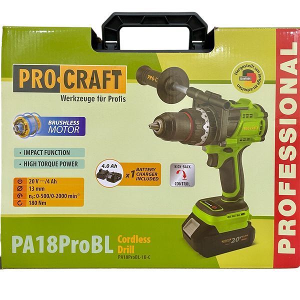 Аккумуляторный шуруповёрт PROCRAFT PA-18Pro BL, 180 Н&middot;м 1 акб 4А&middot;ч, ударный, в кейсе 001818 фото