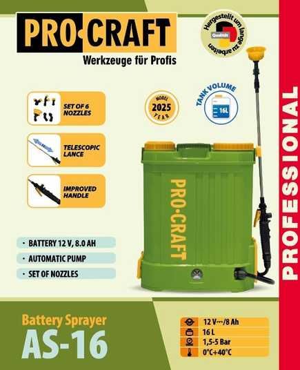 Купить Аккумуляторный опрыскиватель Procraft AS-16 — 16 л, 12 В, 8